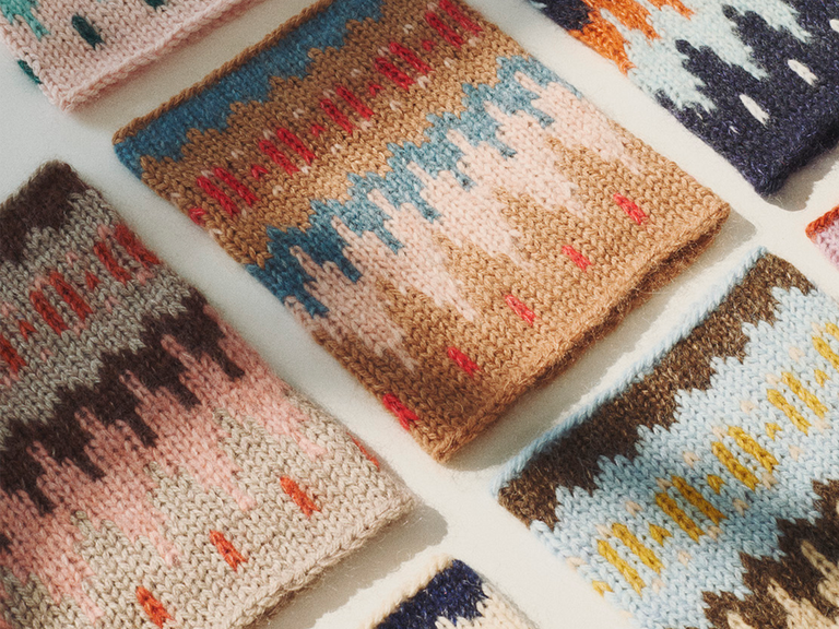 Dorthea Collection swatches showing how color dominance shapes stranded motifs, with Copenhagen Fibers yarns in different color combinations.